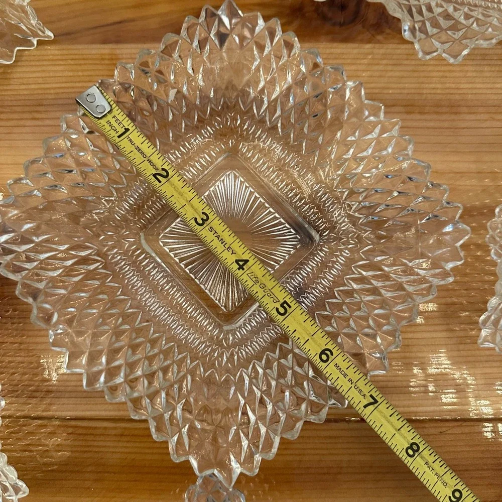 Vintage Indiana Glass Diamond Point Nut-Candy Dish 6pc Exc Sunburst 1 Tip Chip